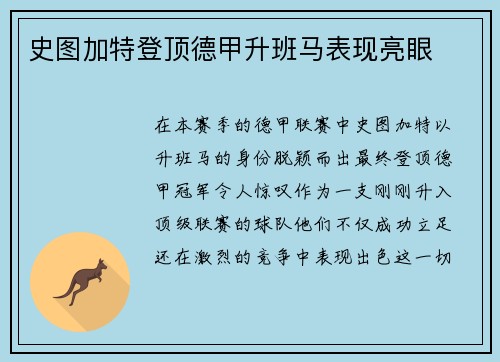 史图加特登顶德甲升班马表现亮眼