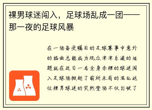 裸男球迷闯入，足球场乱成一团——那一夜的足球风暴